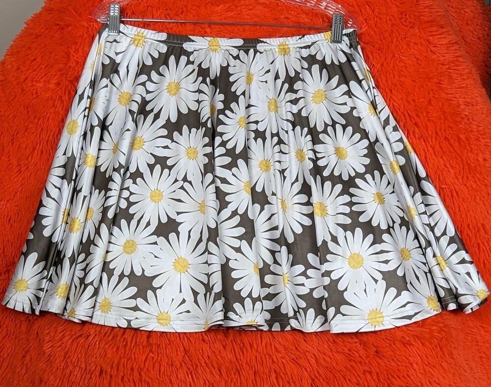 Cow Cow Gray Daisy Floral Flower Print Stretchy Elastic Waist Skater Skirt XL